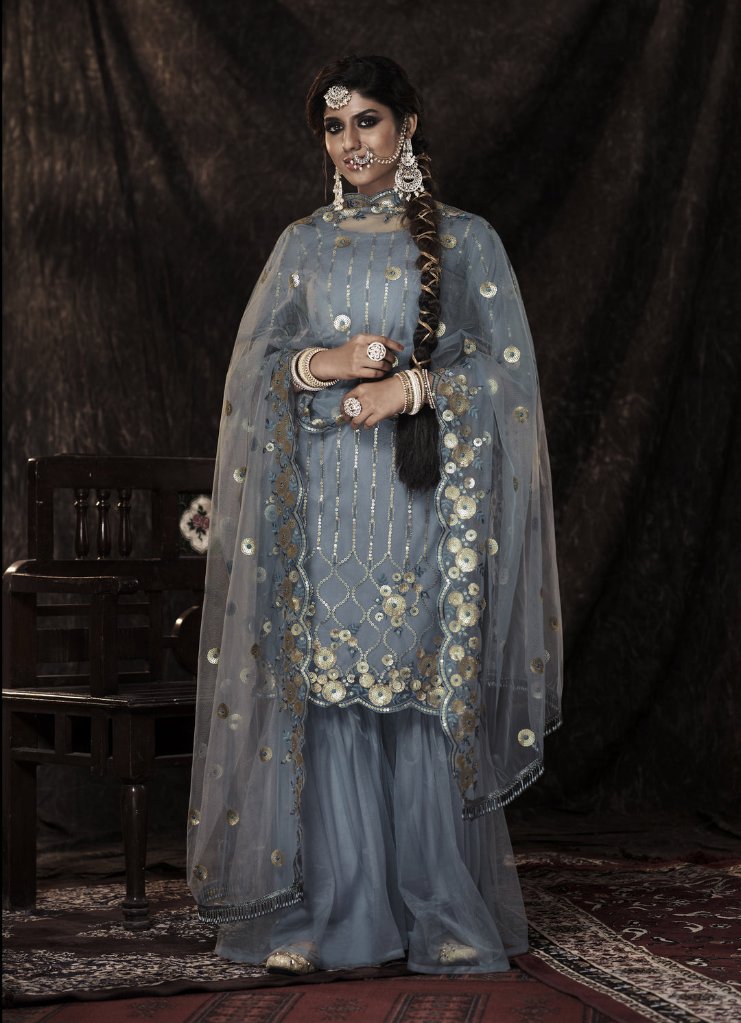 Designer Sharara Suit | Soft-Net Elegance | Embroidery & Sequence Work