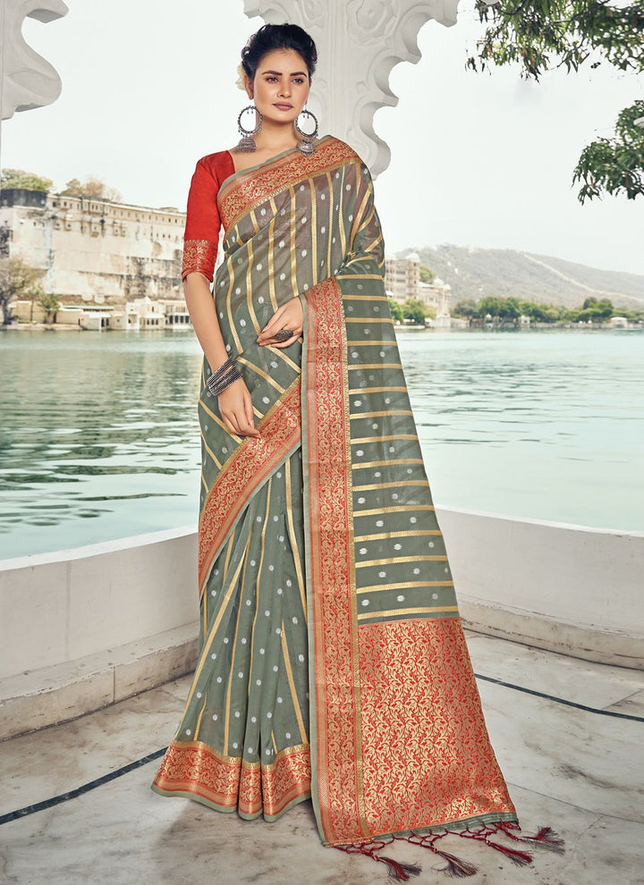 Designer Heavy Weaved Organza Saree | Special Event & Wedding Wear