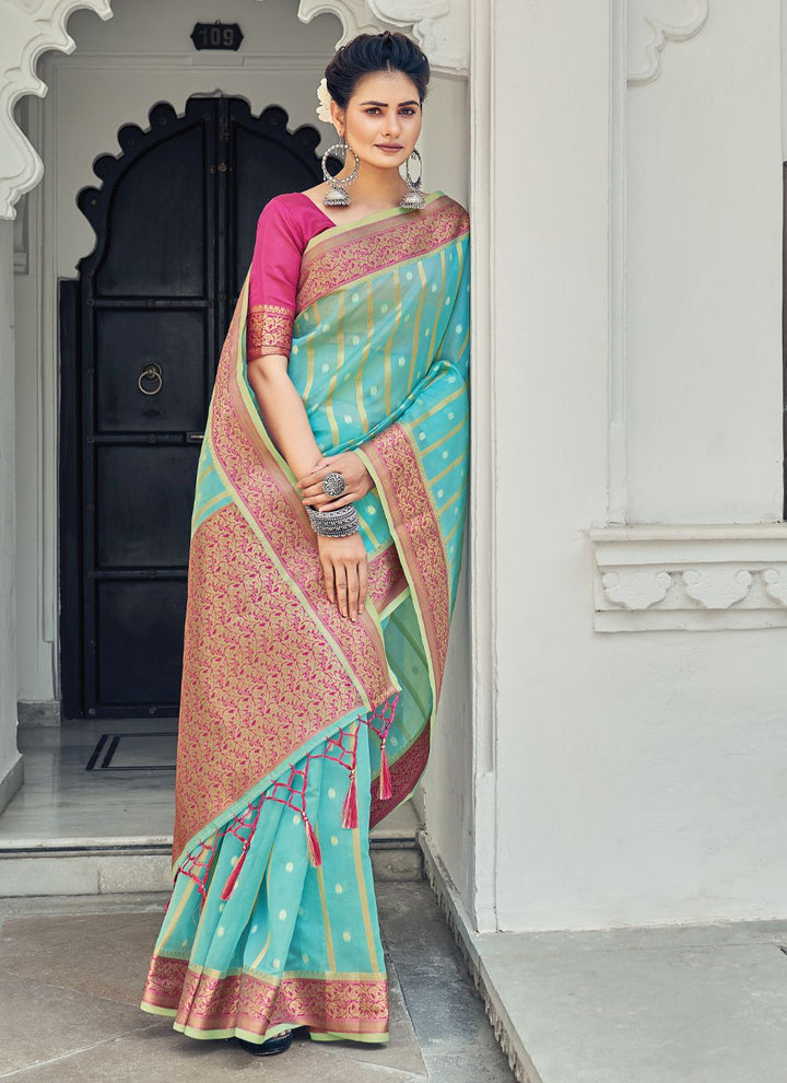 Designer Heavy Weaved Organza Saree | Special Event & Wedding Wear