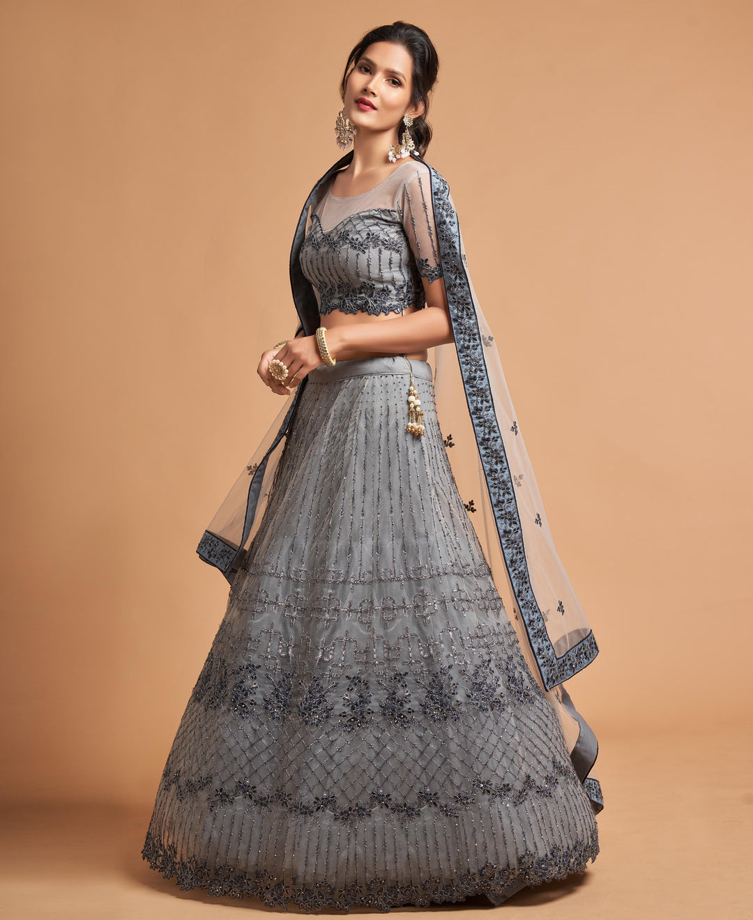 Elegant Embroidered Soft-Net Lehenga | Jari & Dori Work for Weddings