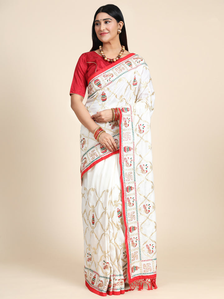 Elegant Vichitra Silk Saree with Heavy Embroidery | Perfect for Weddings & Festivals