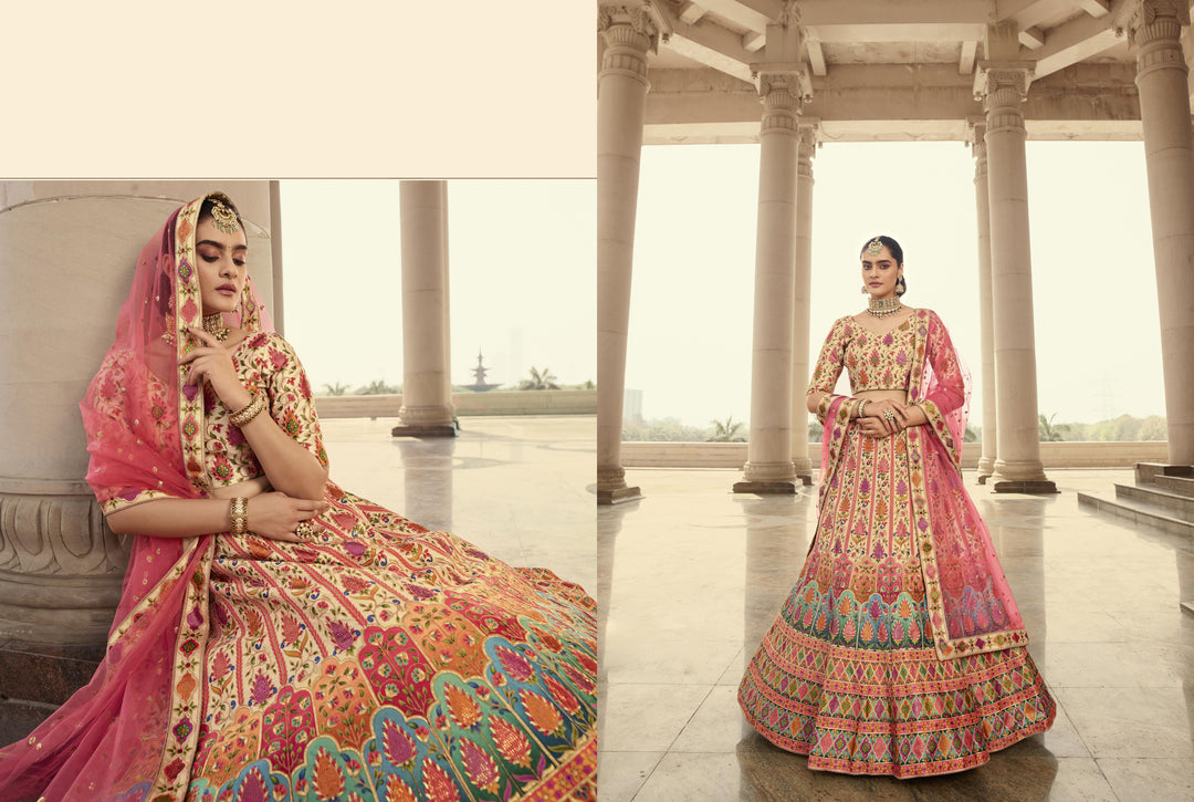 Gorgeous Beige Art Silk Lehenga with Pink Dupatta | Elegance Redefined for Brides