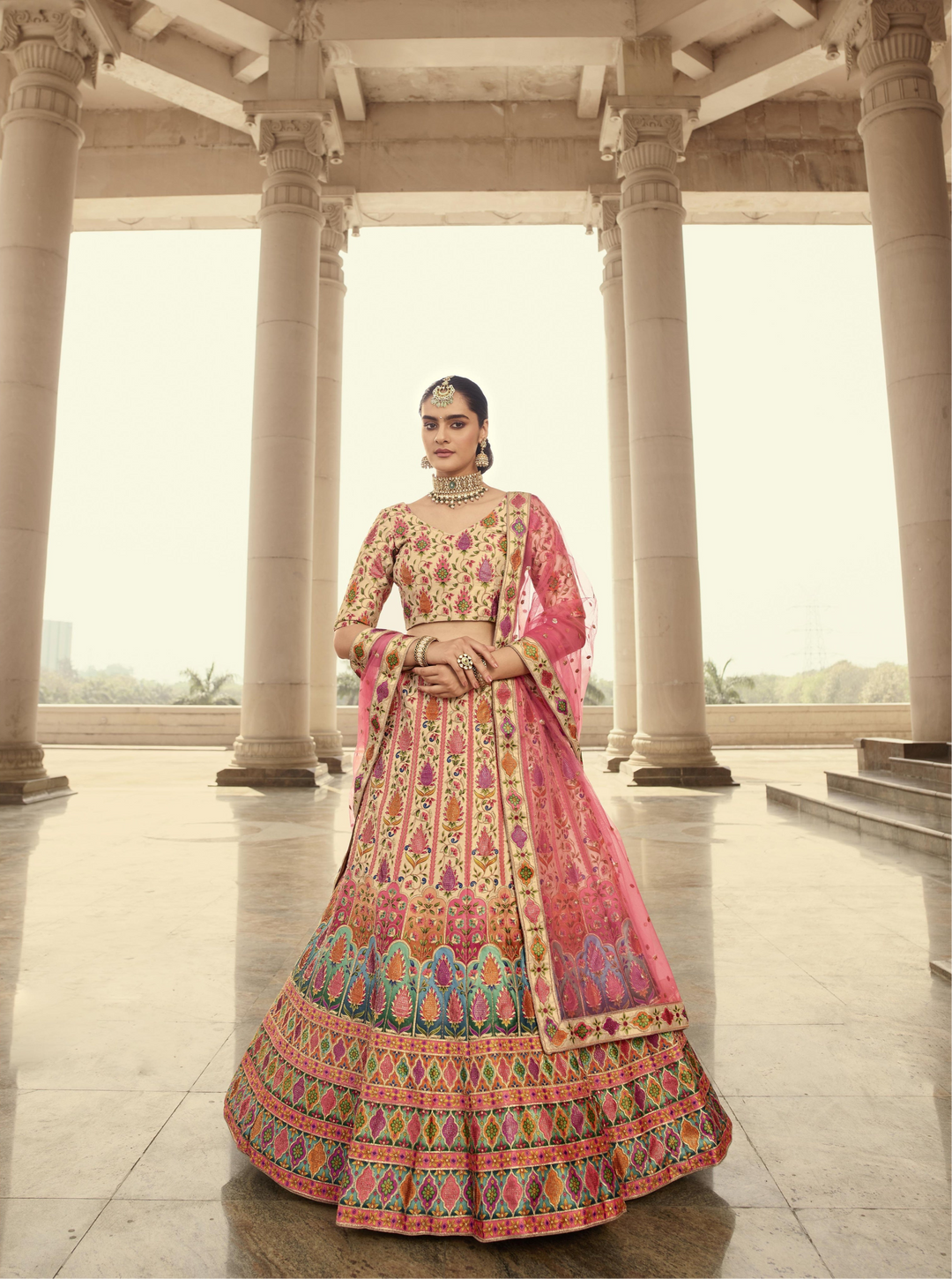 Gorgeous Beige Art Silk Lehenga with Pink Dupatta | Elegance Redefined for Brides