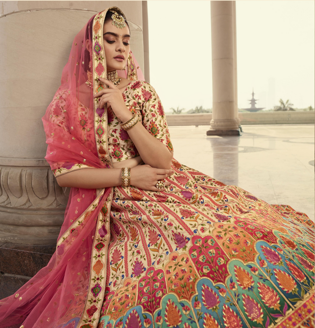 Gorgeous Beige Art Silk Lehenga with Pink Dupatta | Elegance Redefined for Brides