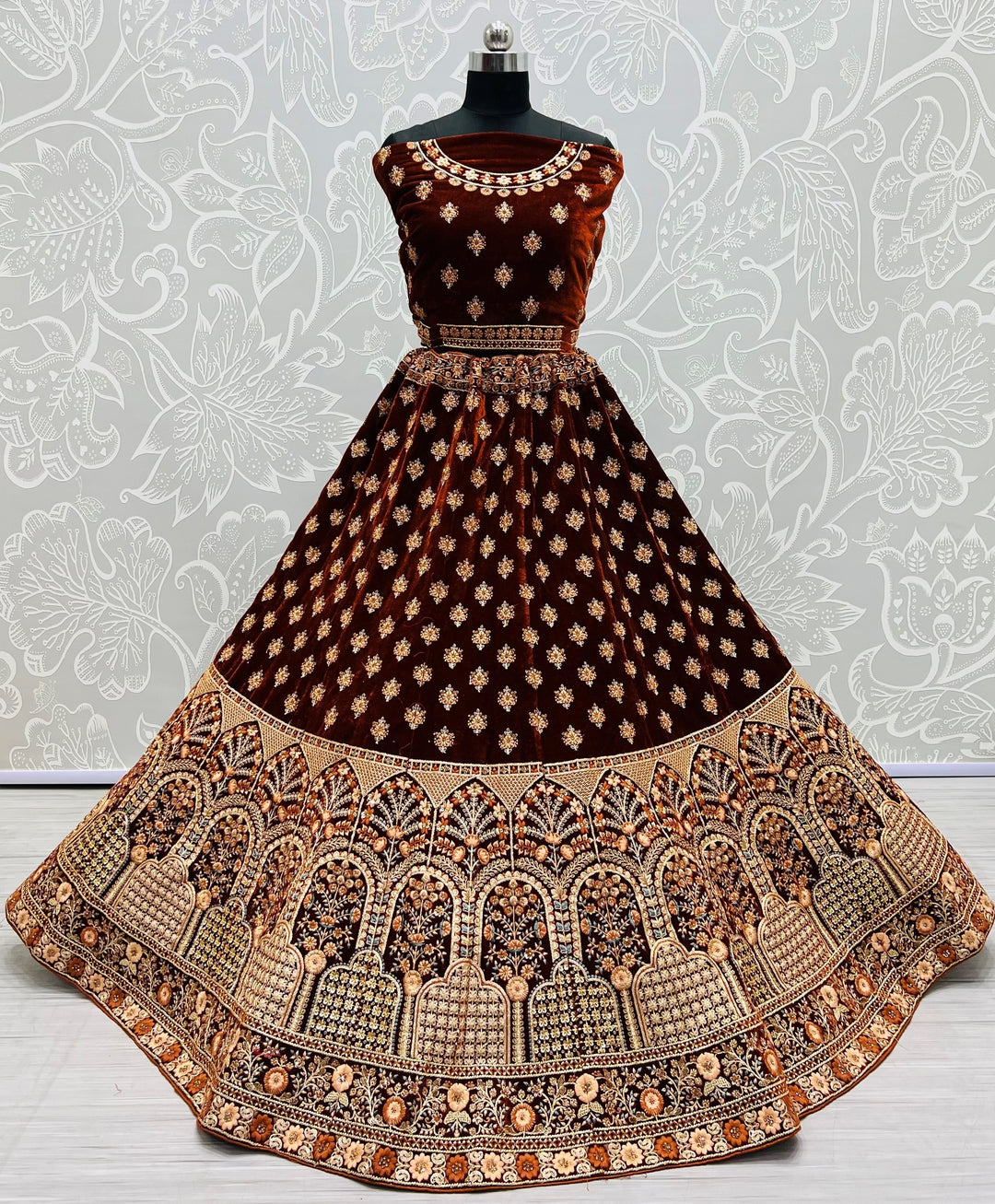 Elegant Rust Velvet Lehenga with Peach Dupatta | A Graceful Addition to Your Wardrobe