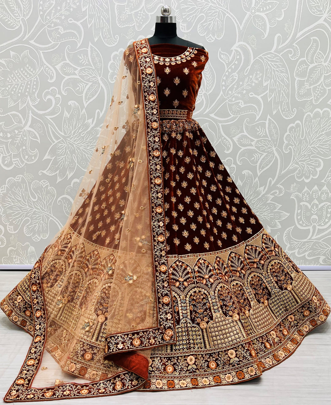 Elegant Rust Velvet Lehenga with Peach Dupatta | A Graceful Addition to Your Wardrobe