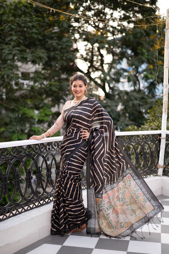 Tussar Silk Saree with Laheriya Print and Wevon Jari Border | Partywear Saree