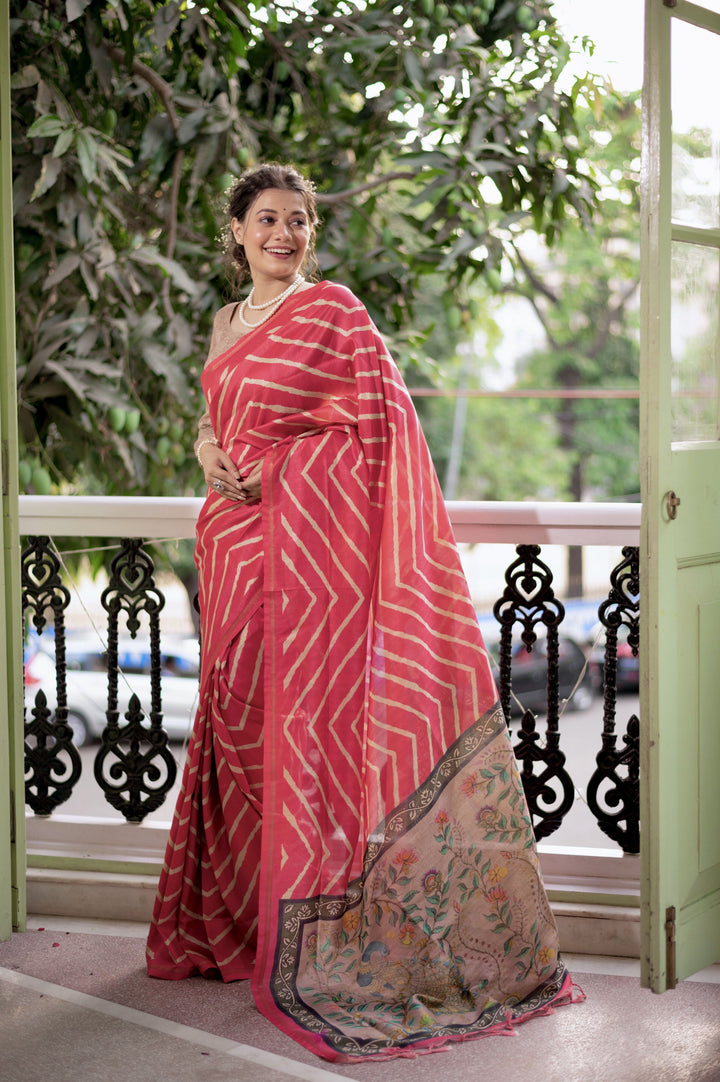 Tussar Silk Saree with Laheriya Print and Wevon Jari Border | Partywear Saree