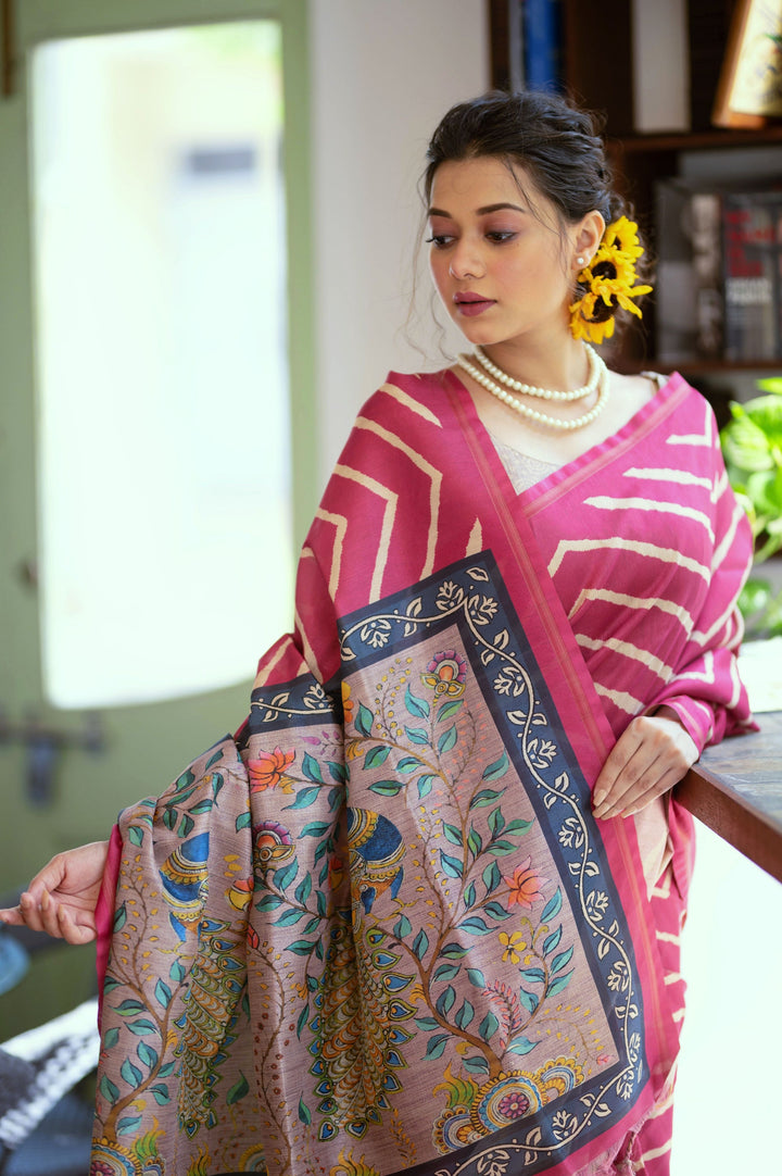 Tussar Silk Saree with Laheriya Print and Wevon Jari Border | Partywear Saree