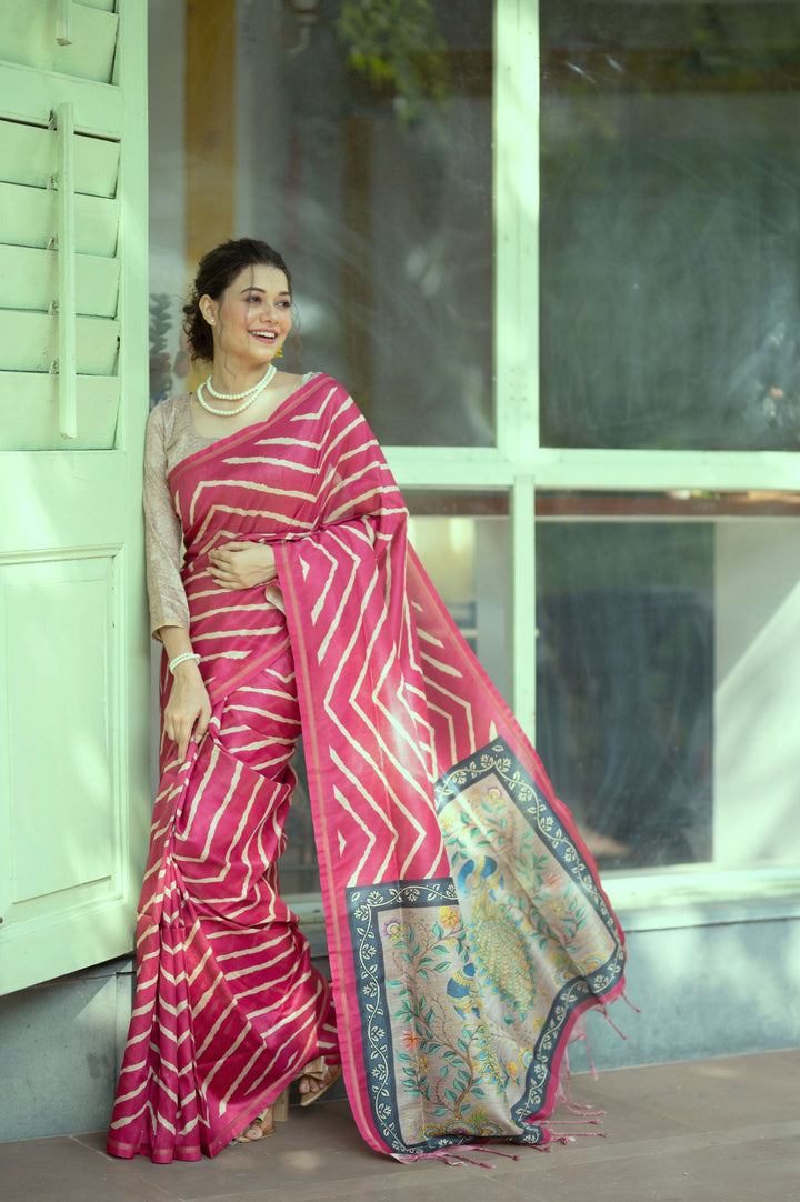 Tussar Silk Saree with Laheriya Print and Wevon Jari Border | Partywear Saree