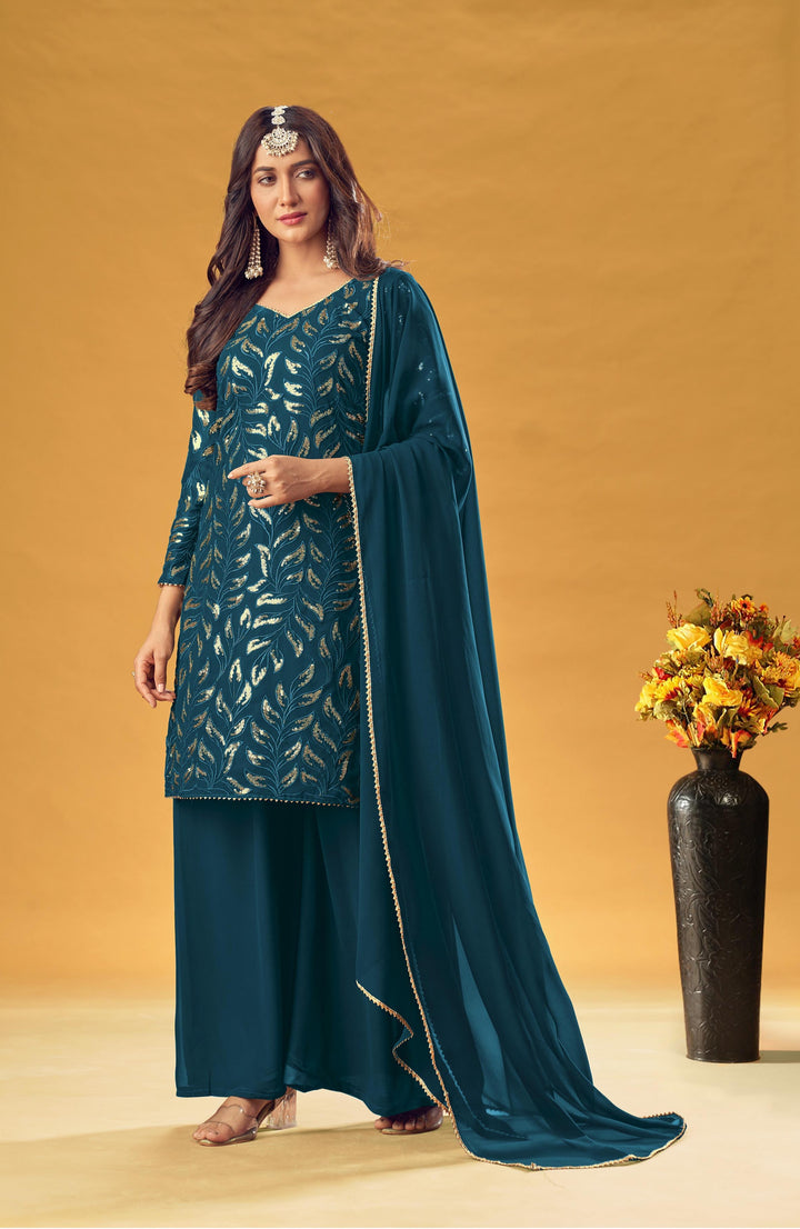 Faux-Georgette Palazzo | Heavy Designer Sequence Embroidery | Evening Function