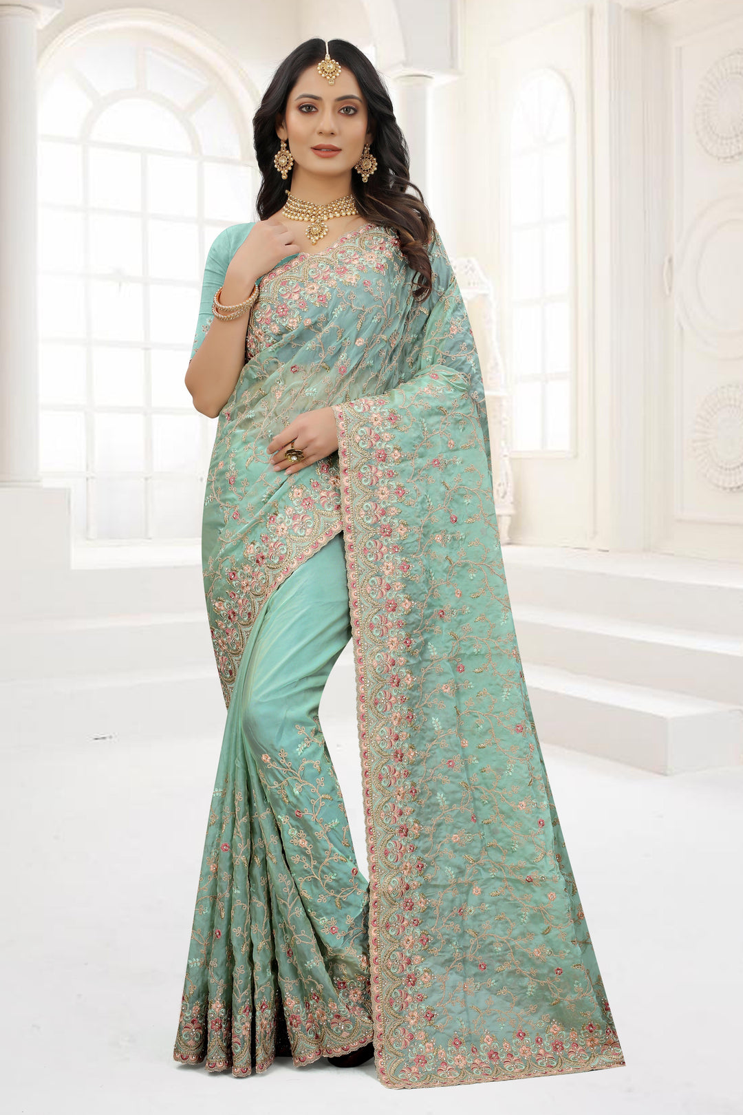 Designer Organza Saree | Matching Blouse Heavy Resham & Zarkan Work