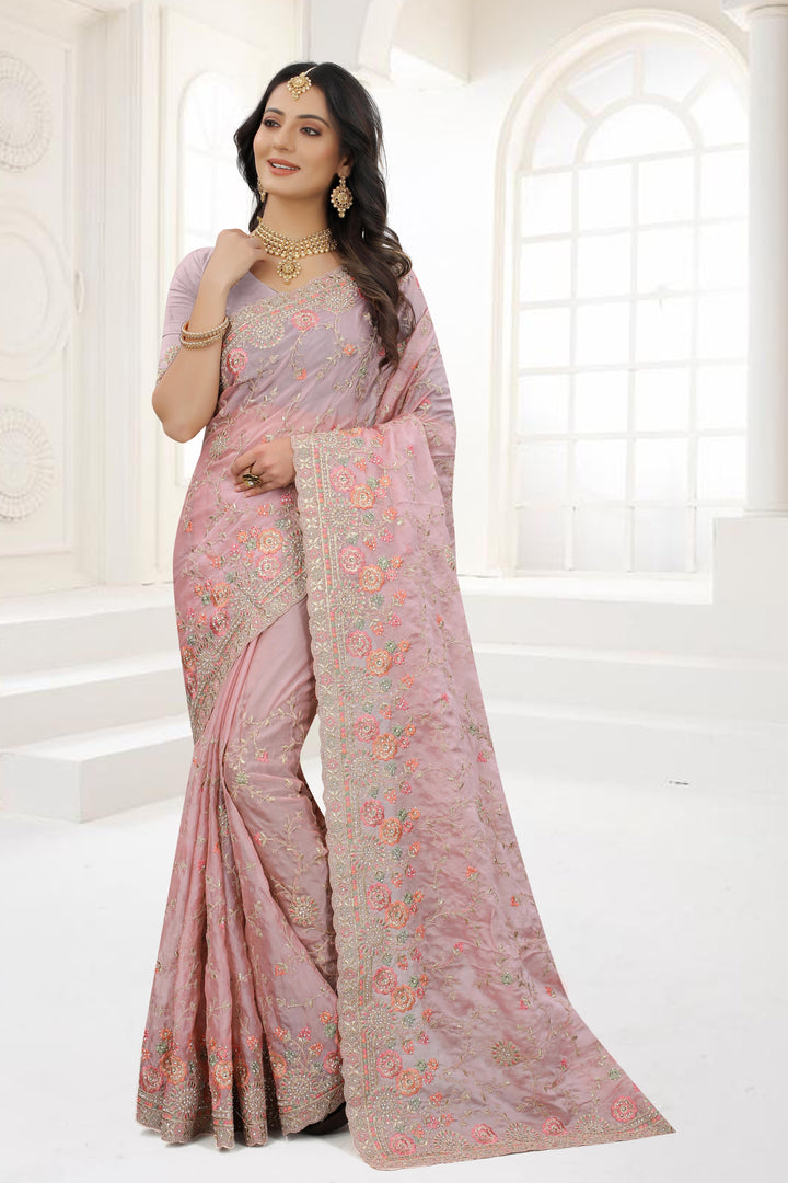 Designer Organza Saree | Heavy Embroidery & Zarkan Stone Details Stylish Look