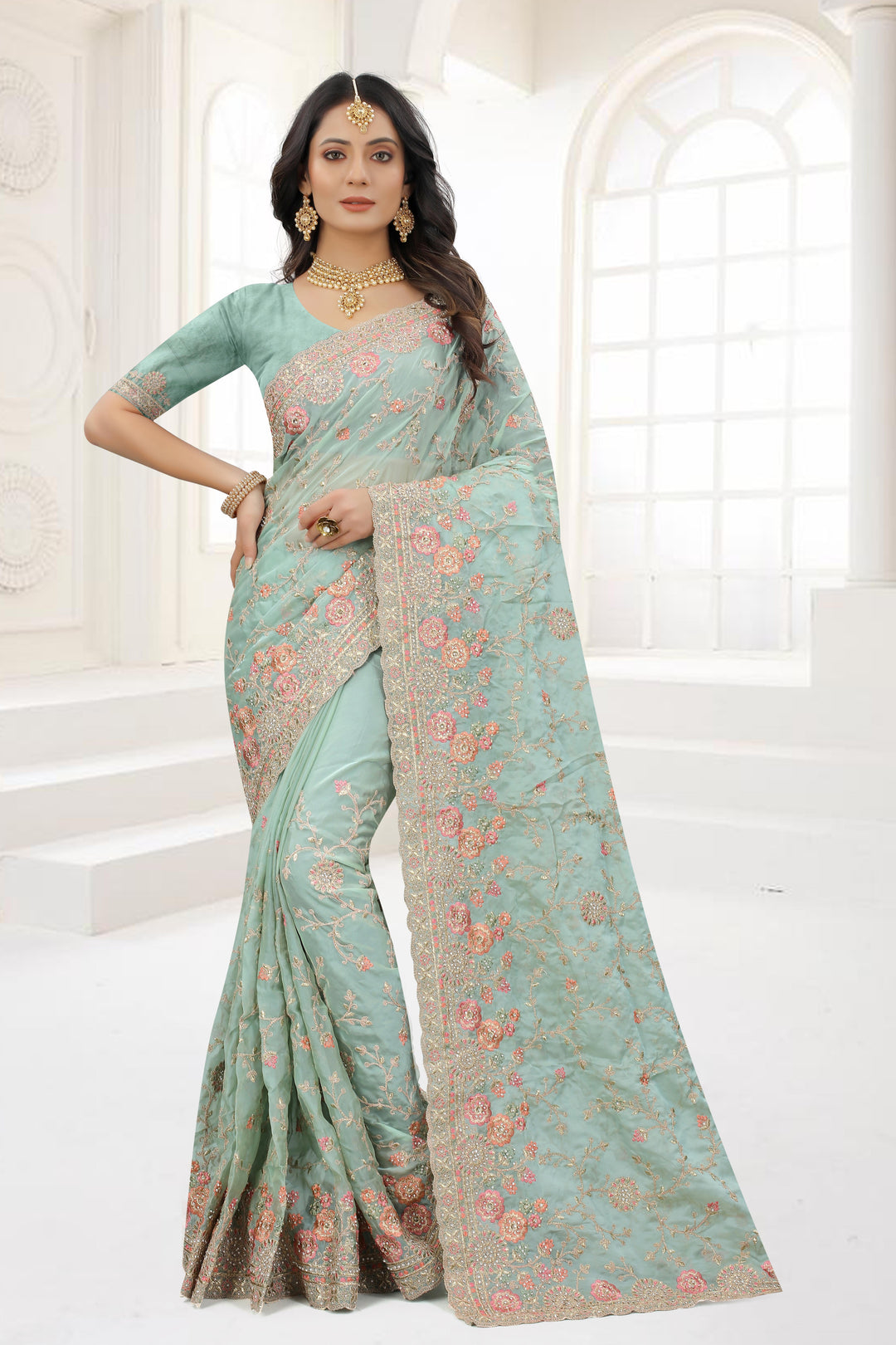 Designer Organza Saree | Heavy Embroidery & Zarkan Stone Details Stylish Look