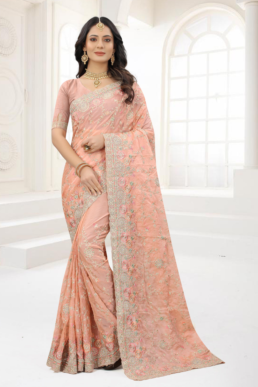 Designer Organza Saree | Heavy Embroidery & Zarkan Stone Details Stylish Look