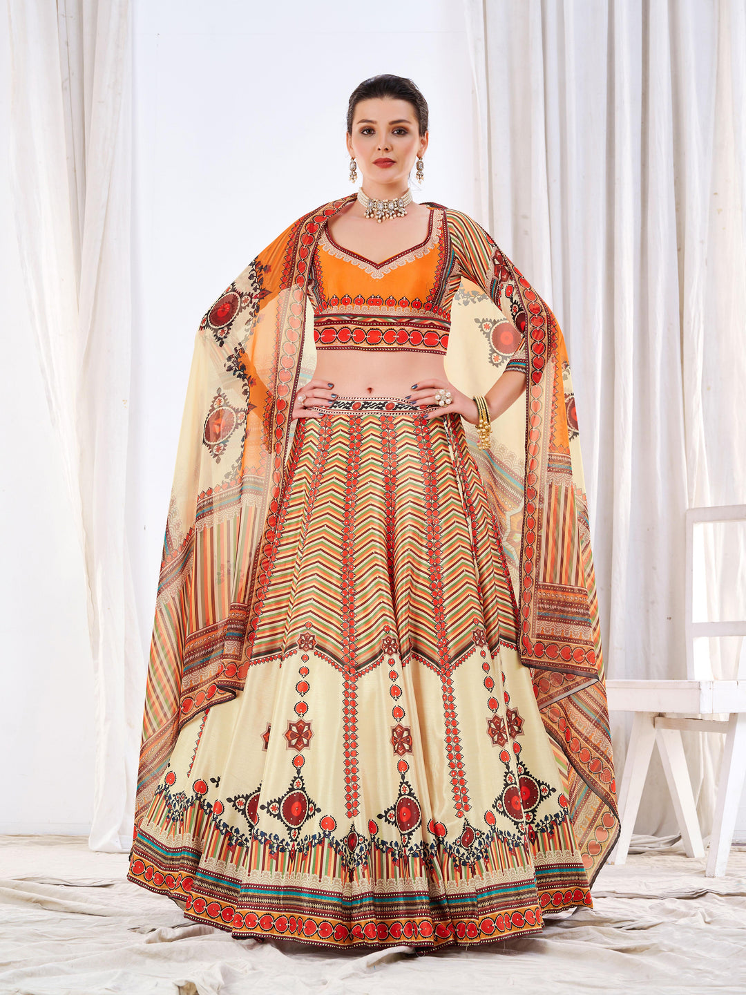 Gorgeous Cream Chinon Lehenga with Cream Dupatta | A Stylish and Sophisticated Choice