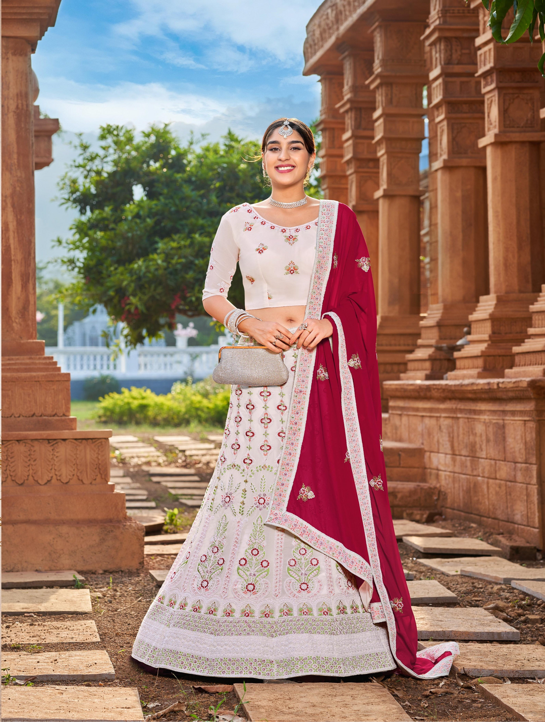 Charming White Georgette Lehenga with Pink Dupatta | Perfect for Weddings and Celebrations