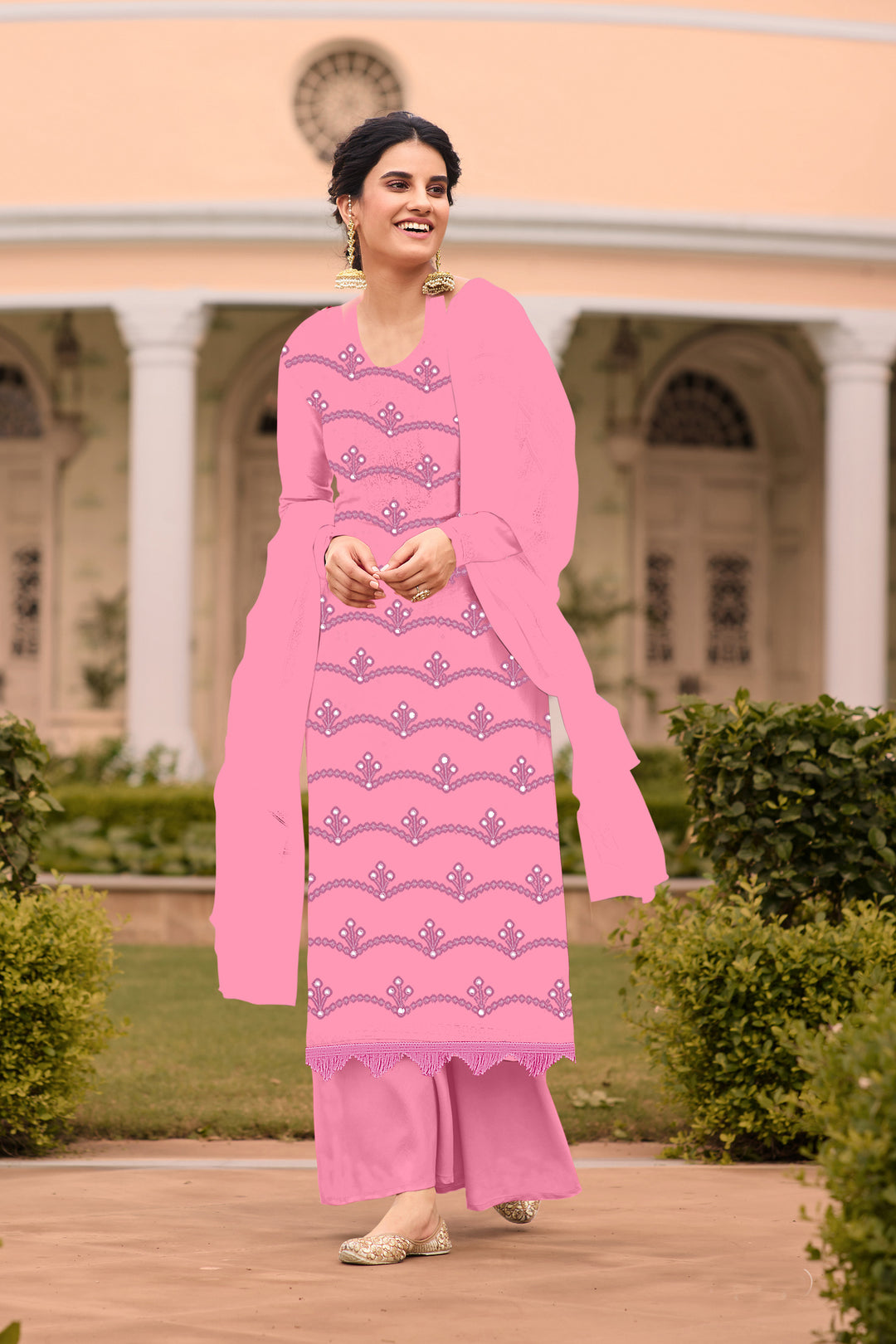 Georgette Salwar Kameez | Mirror Embroidery | Full Sleeve U-Neck Design