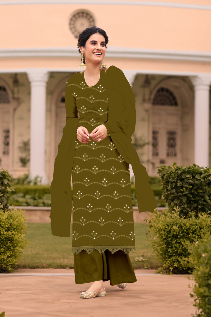 Georgette Salwar Kameez | Mirror Embroidery | Full Sleeve U-Neck Design