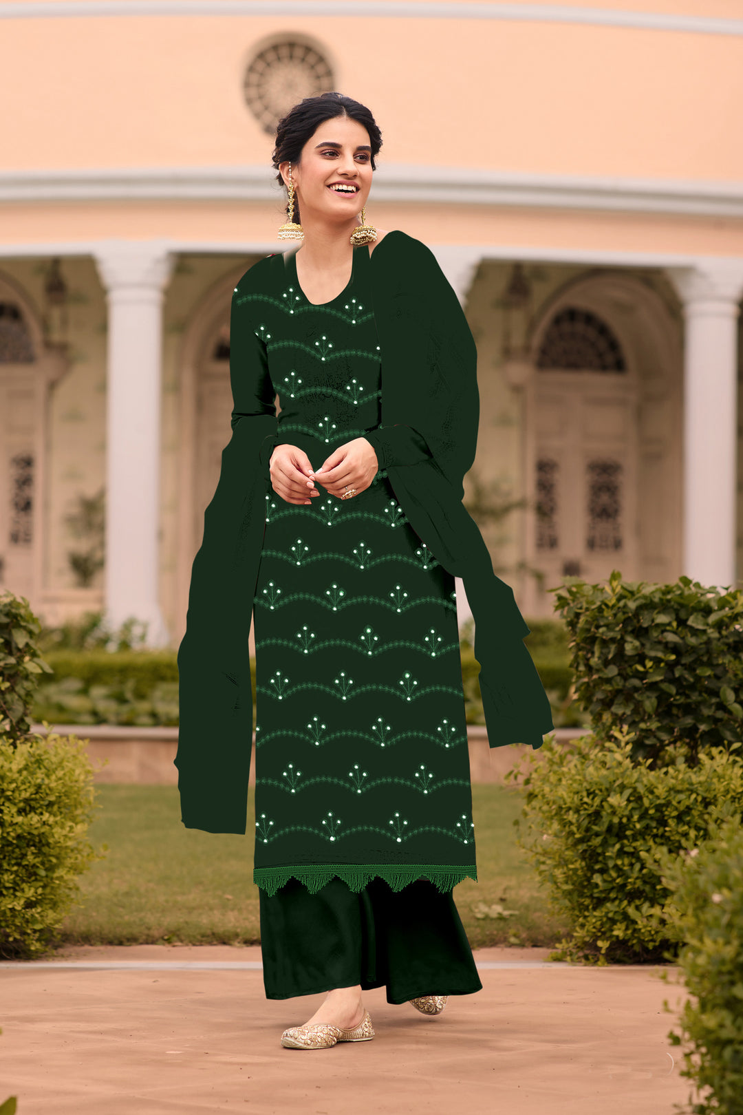 Georgette Salwar Kameez | Mirror Embroidery | Full Sleeve U-Neck Design