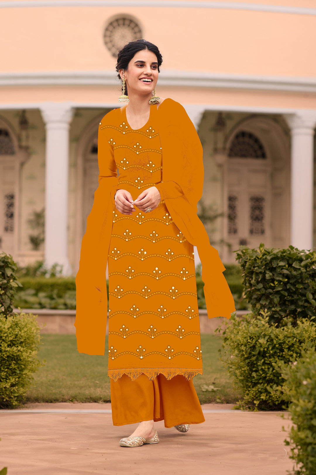 Georgette Salwar Kameez | Mirror Embroidery | Full Sleeve U-Neck Design