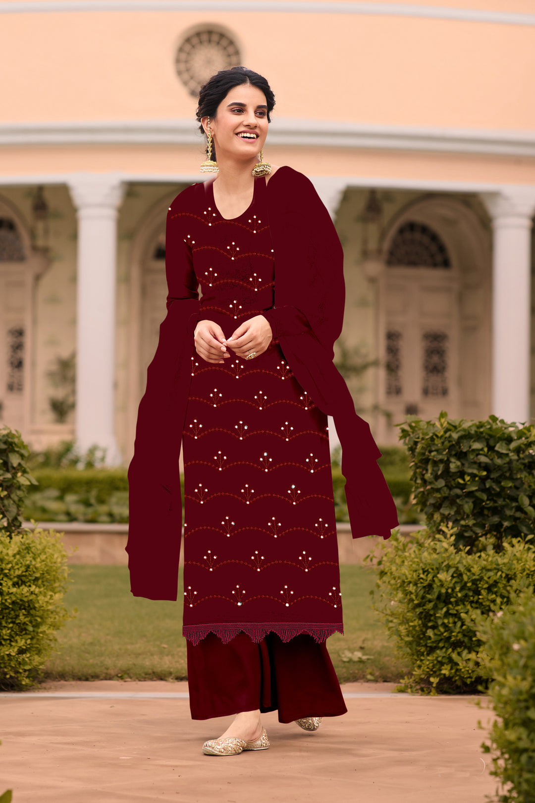 Georgette Salwar Kameez | Mirror Embroidery | Full Sleeve U-Neck Design