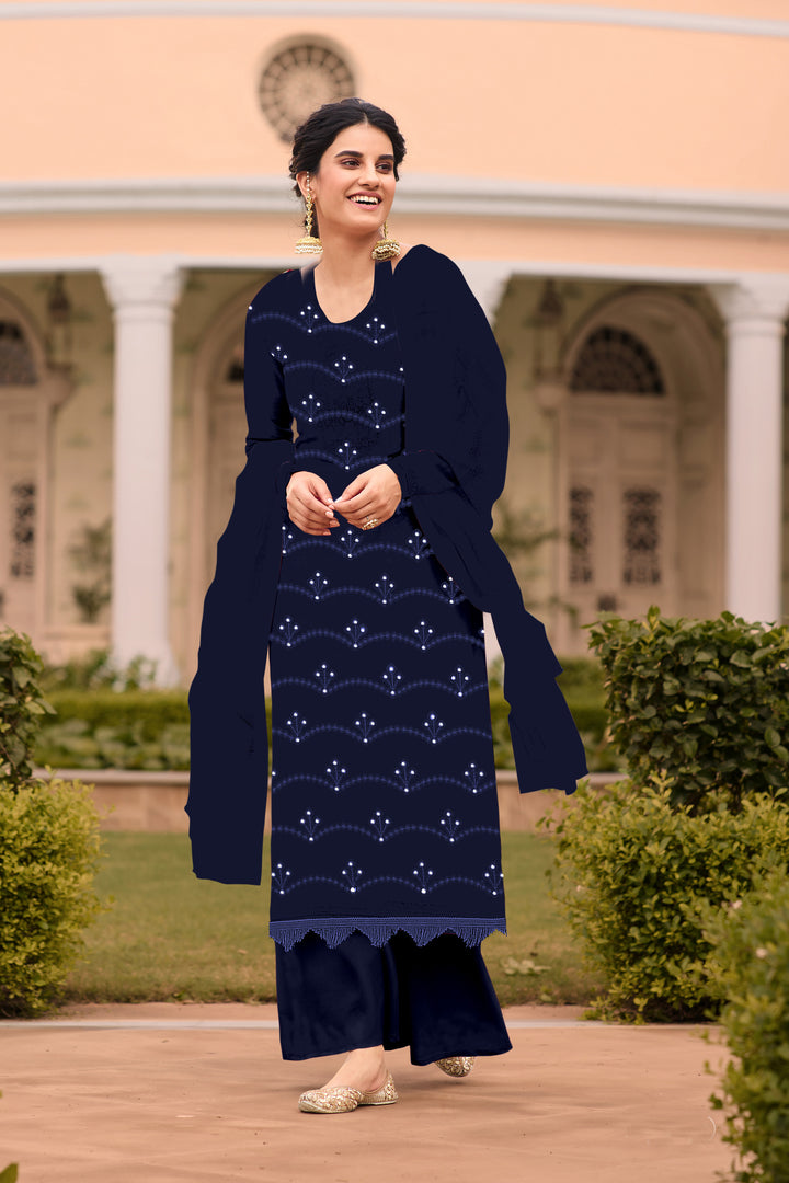 Georgette Salwar Kameez | Mirror Embroidery | Full Sleeve U-Neck Design