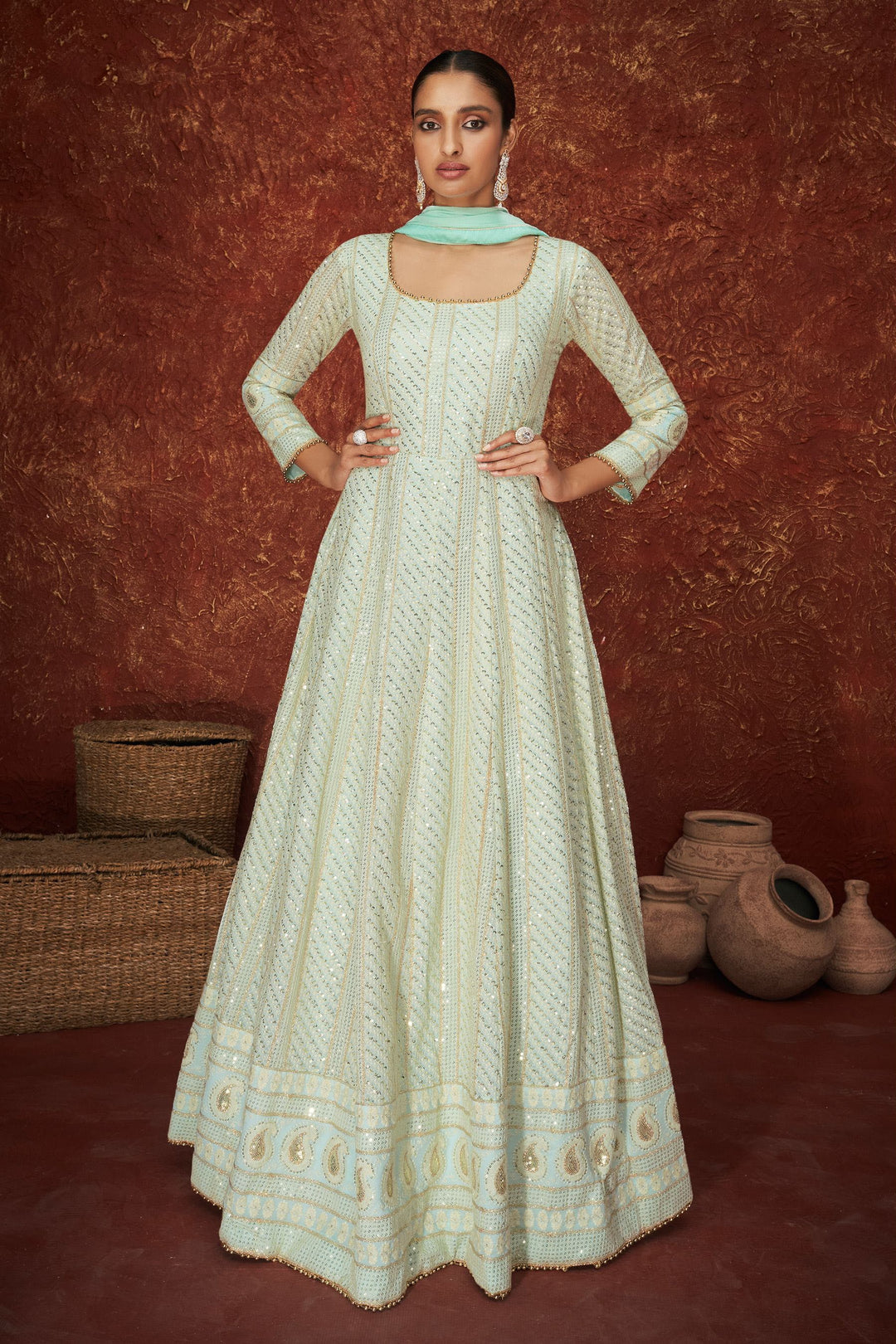 Designer Faux Georgette Anarkali Suit | Santoon Bottom & Soft Net Dupatta