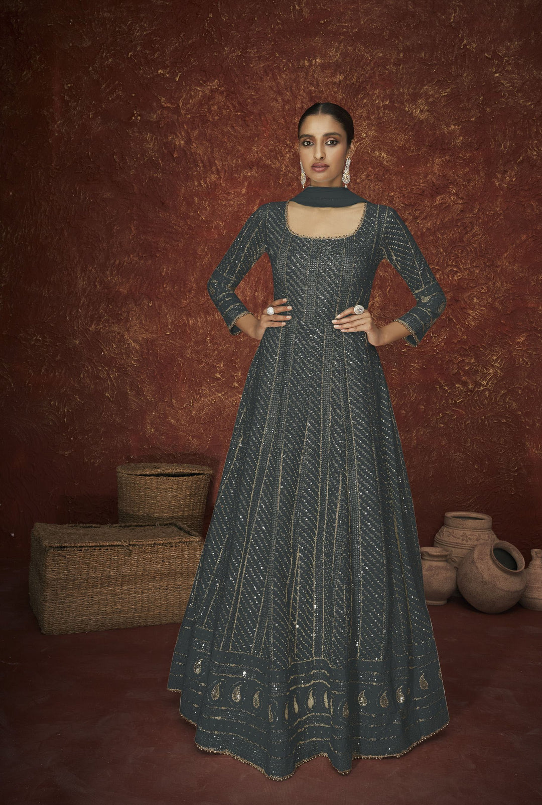 Designer Faux Georgette Anarkali Suit | Santoon Bottom & Soft Net Dupatta