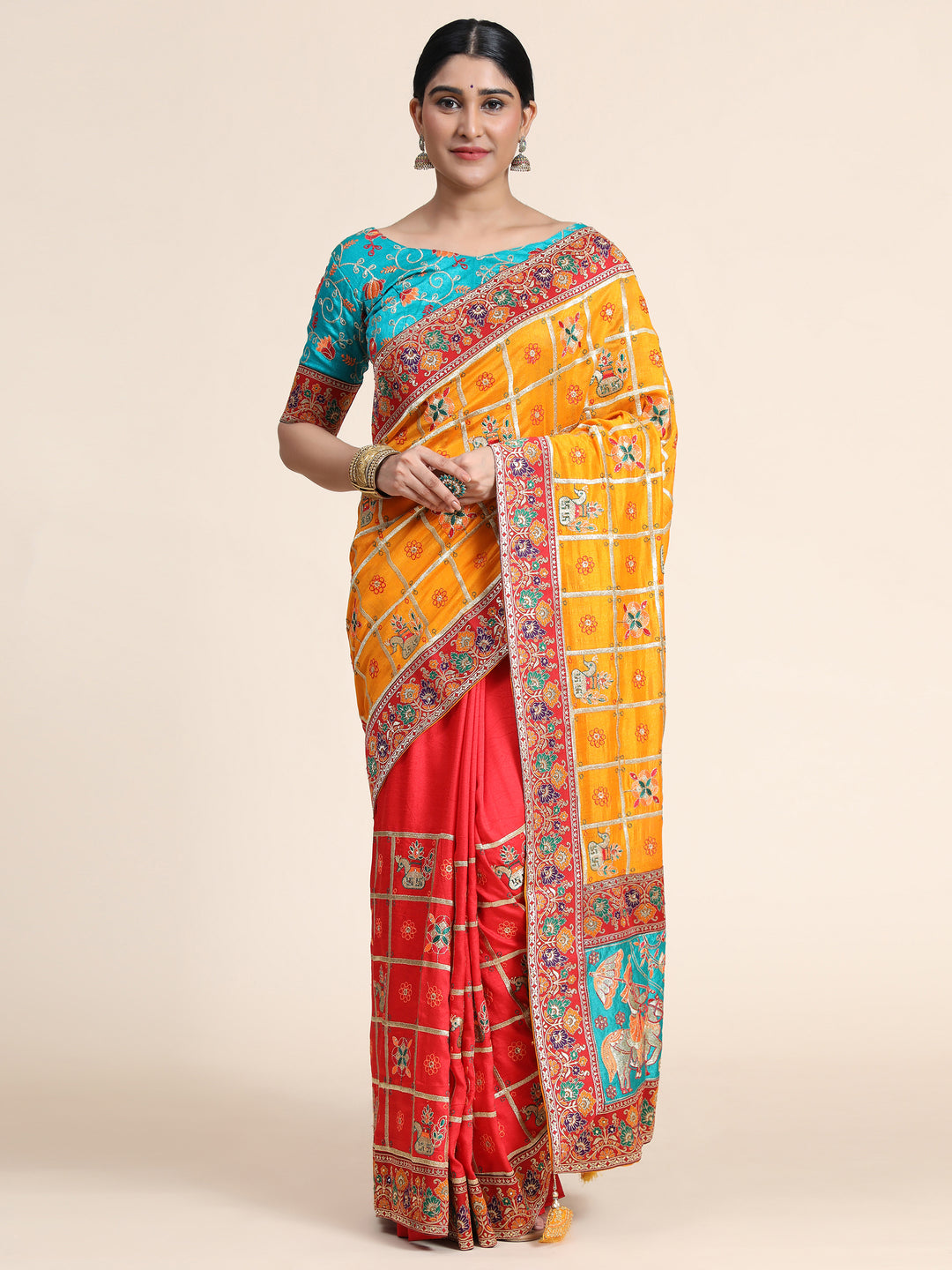 Designer Vichitra Crackle Silk Saree | Fentam Silk Blouse Heavy Embroidery