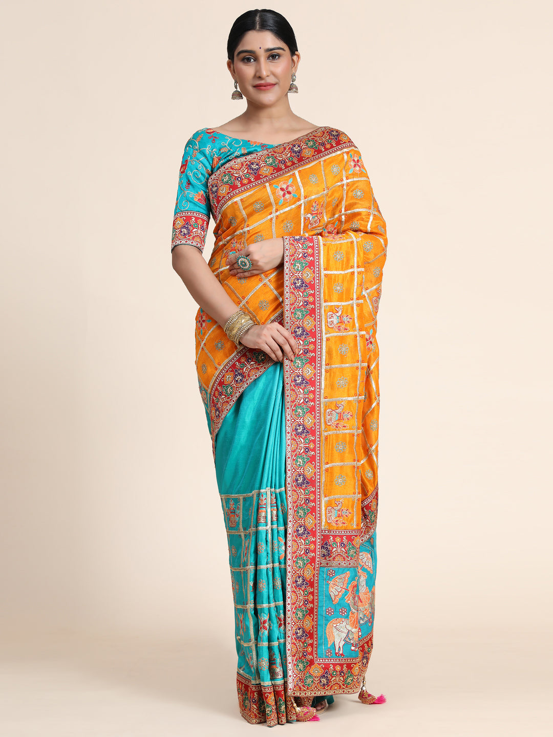 Designer Vichitra Crackle Silk Saree | Fentam Silk Blouse Heavy Embroidery