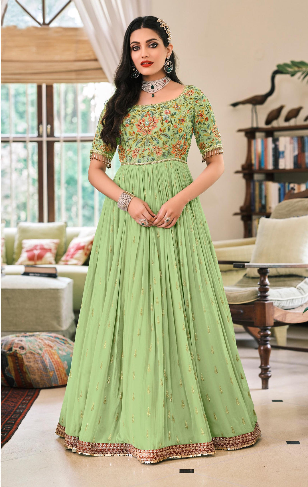 Designer Green Anarkali Suit | Faux Georgette with Mirror Embroidery