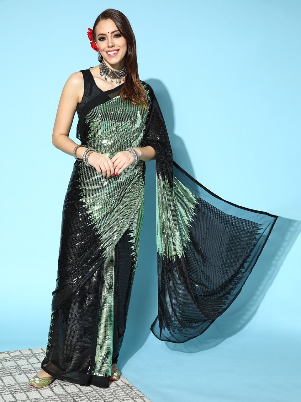 Georgette Saree | Satin Silk Blouse Designer Sequins Work for Party Wear