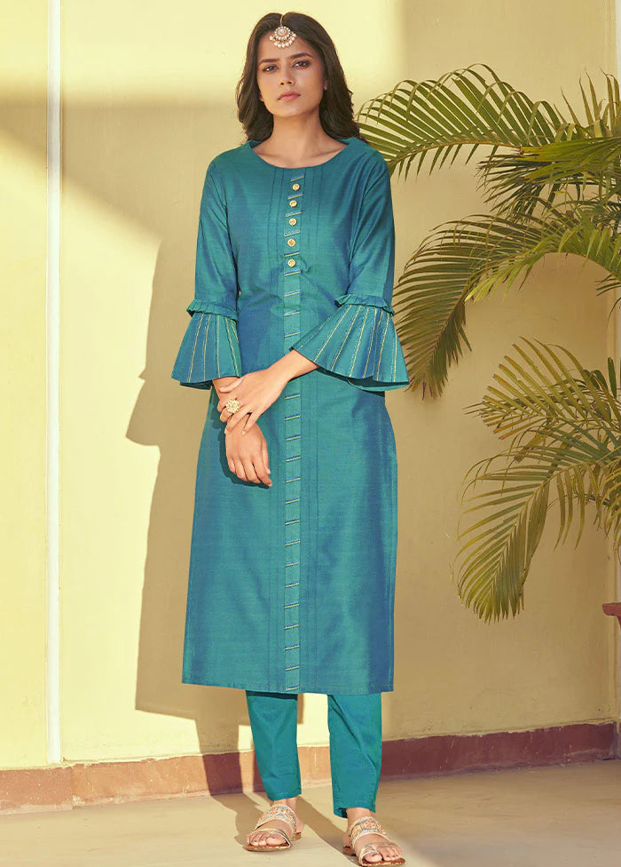 Stylish Teal Blue Silk Set | Elegant Hand Embroidery for Festive Occasions