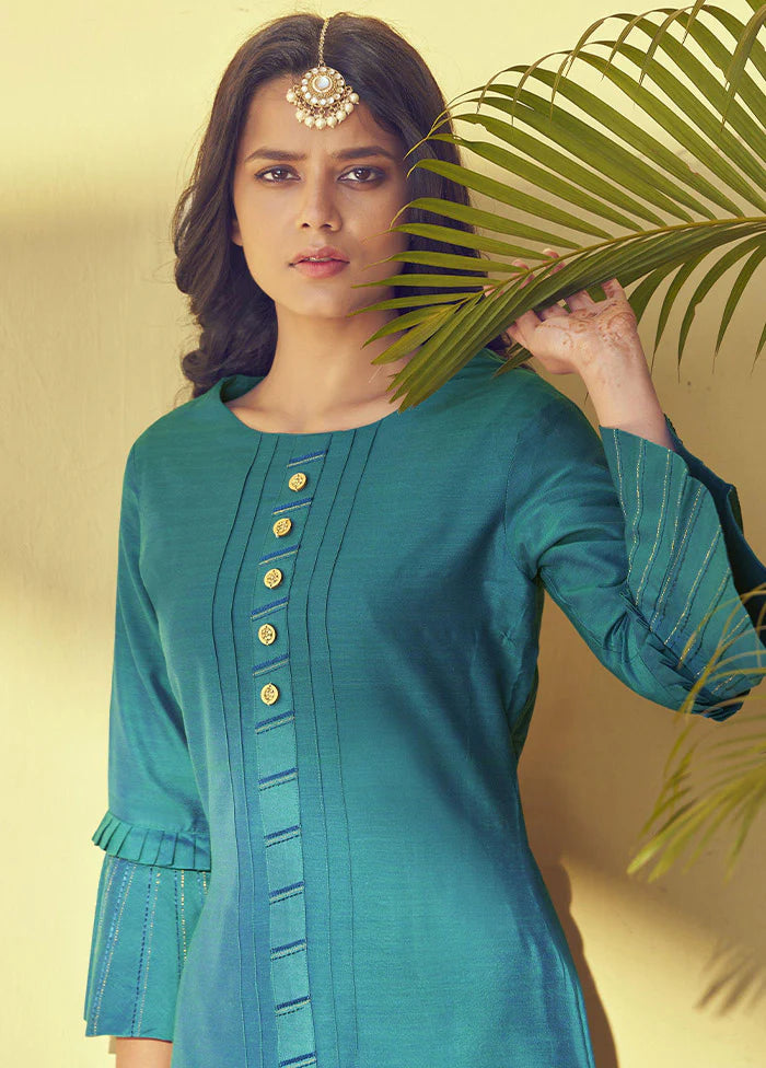 Stylish Teal Blue Silk Set | Elegant Hand Embroidery for Festive Occasions