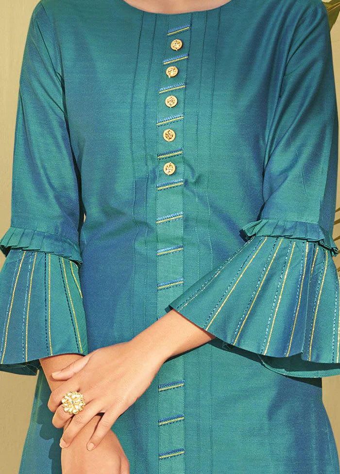 Stylish Teal Blue Silk Set | Elegant Hand Embroidery for Festive Occasions