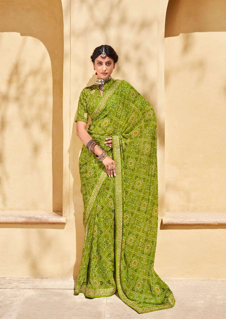 Stylish Chiffon Saree | Bandhni Print Codding Work & Banglori Silk Blouse Traditional Saree