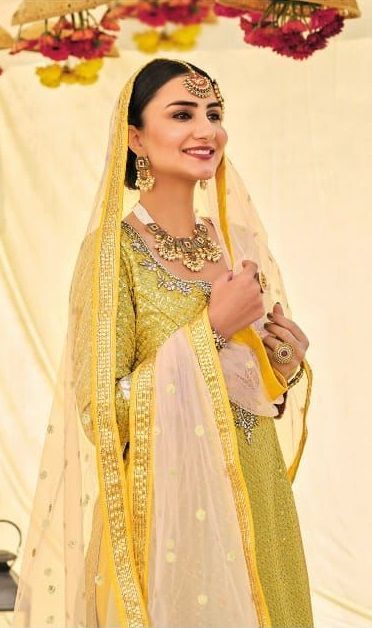 Lemon Faux Georgette Sharara Suit | Heavy Designer Embroidery with Net Dupatta