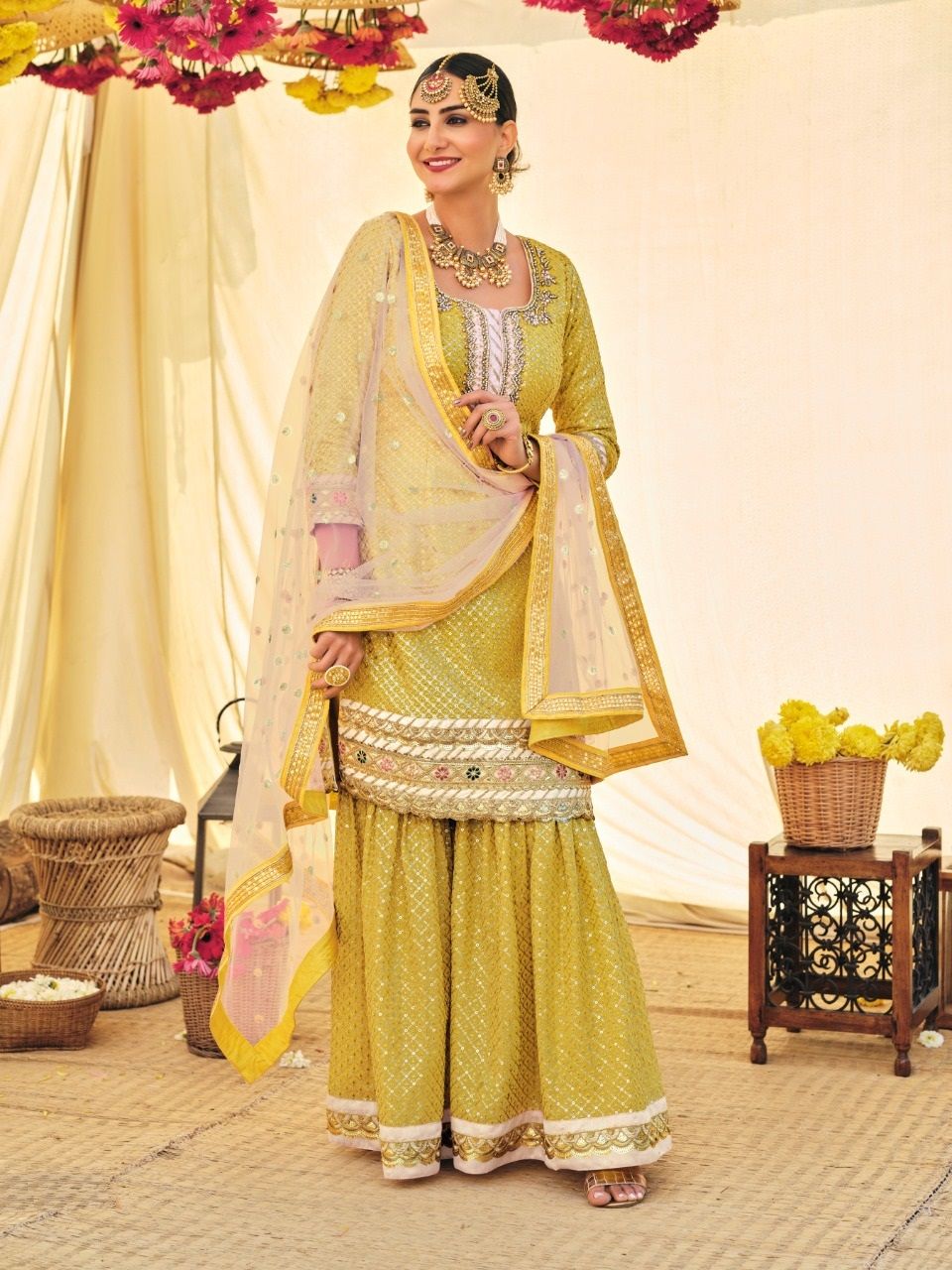 Lemon Faux Georgette Sharara Suit | Heavy Designer Embroidery with Net Dupatta