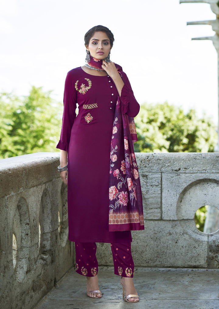 Stylish Burgundy Rayon Suit | Embroidery Work & Digital Print for Casual Wear