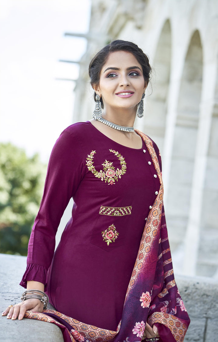 Stylish Burgundy Rayon Suit | Embroidery Work & Digital Print for Casual Wear