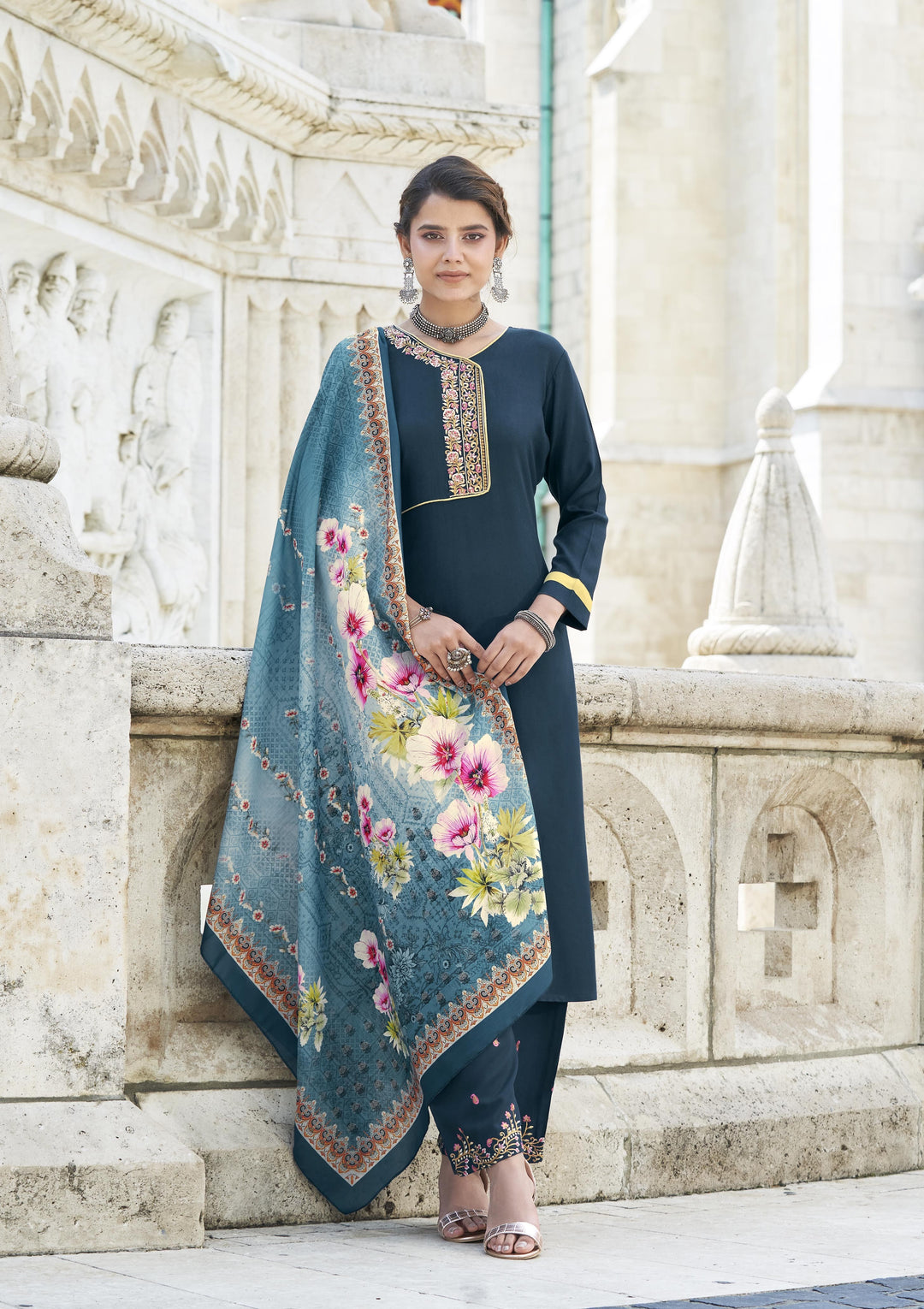 Teal Blue Rayon Suit | Embroidery & Digital Print with Elegant Maslin Dupatta