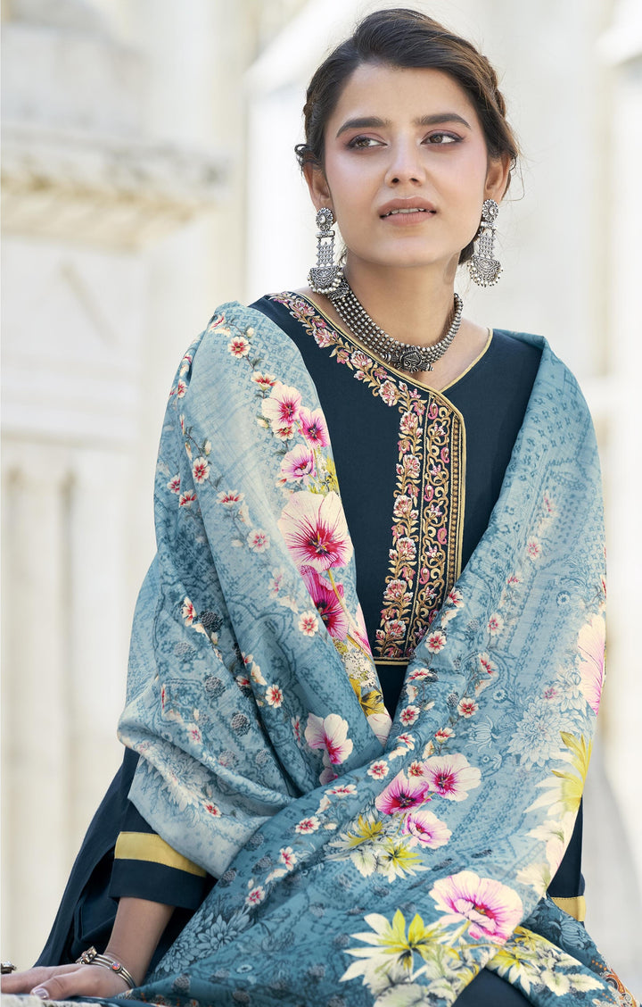 Teal Blue Rayon Suit | Embroidery & Digital Print with Elegant Maslin Dupatta