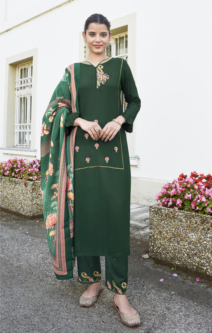 Stylish Green Rayon Suit | Digital Print & Maslin Dupatta for Elegant Look