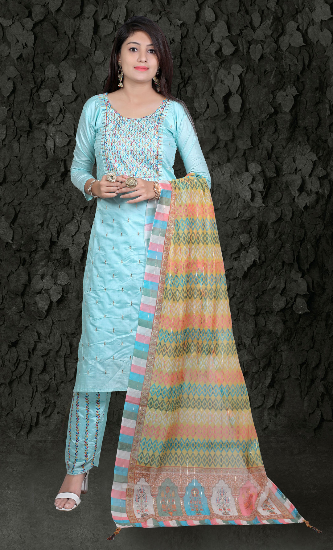 Stylish Chanderi Silk Suit | Sequins Embroidery & Digital Print for Casual Wear