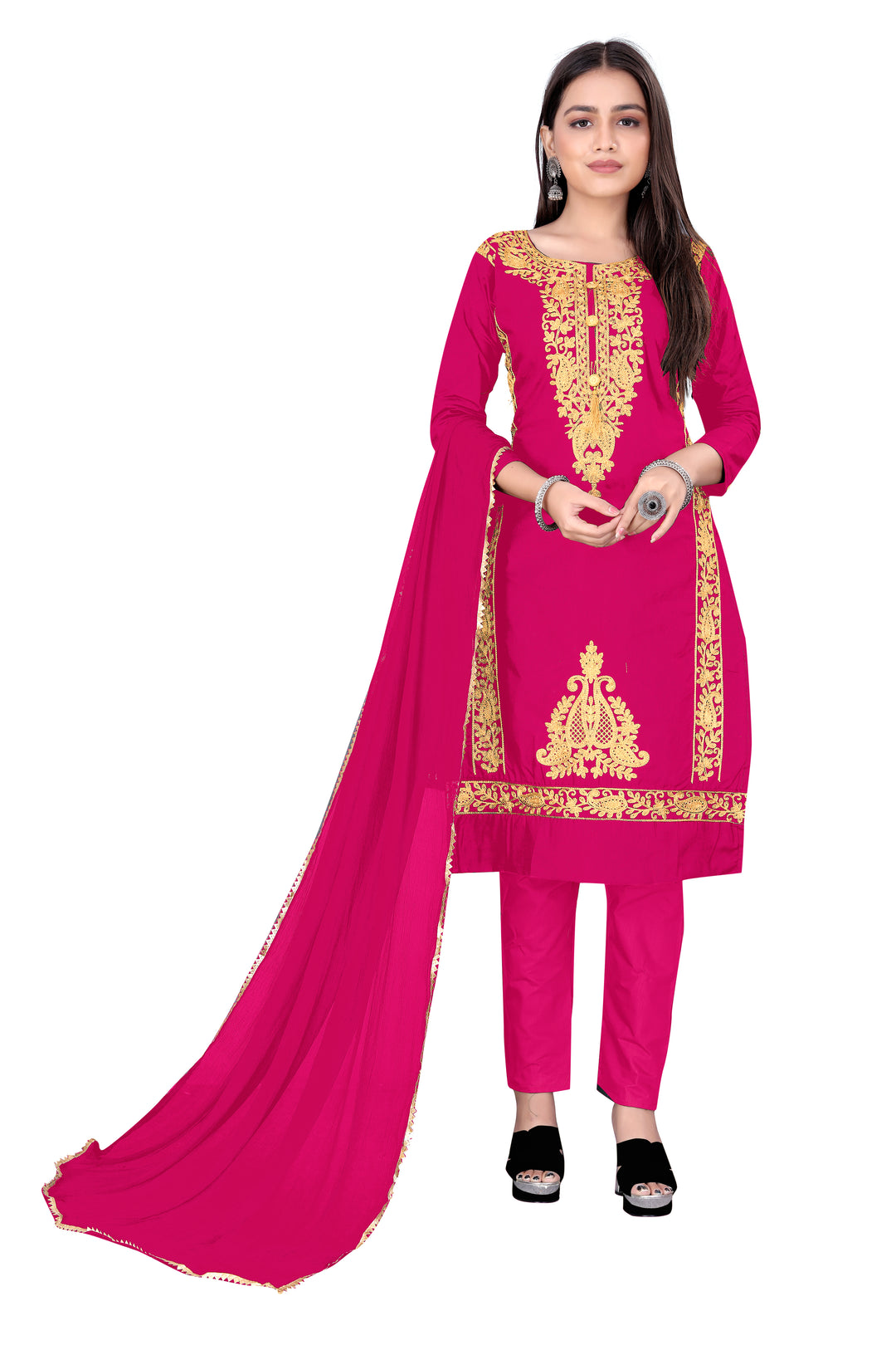 Designer Cotton Suit | Embroidered Dress Material with Nazmin Dupatta