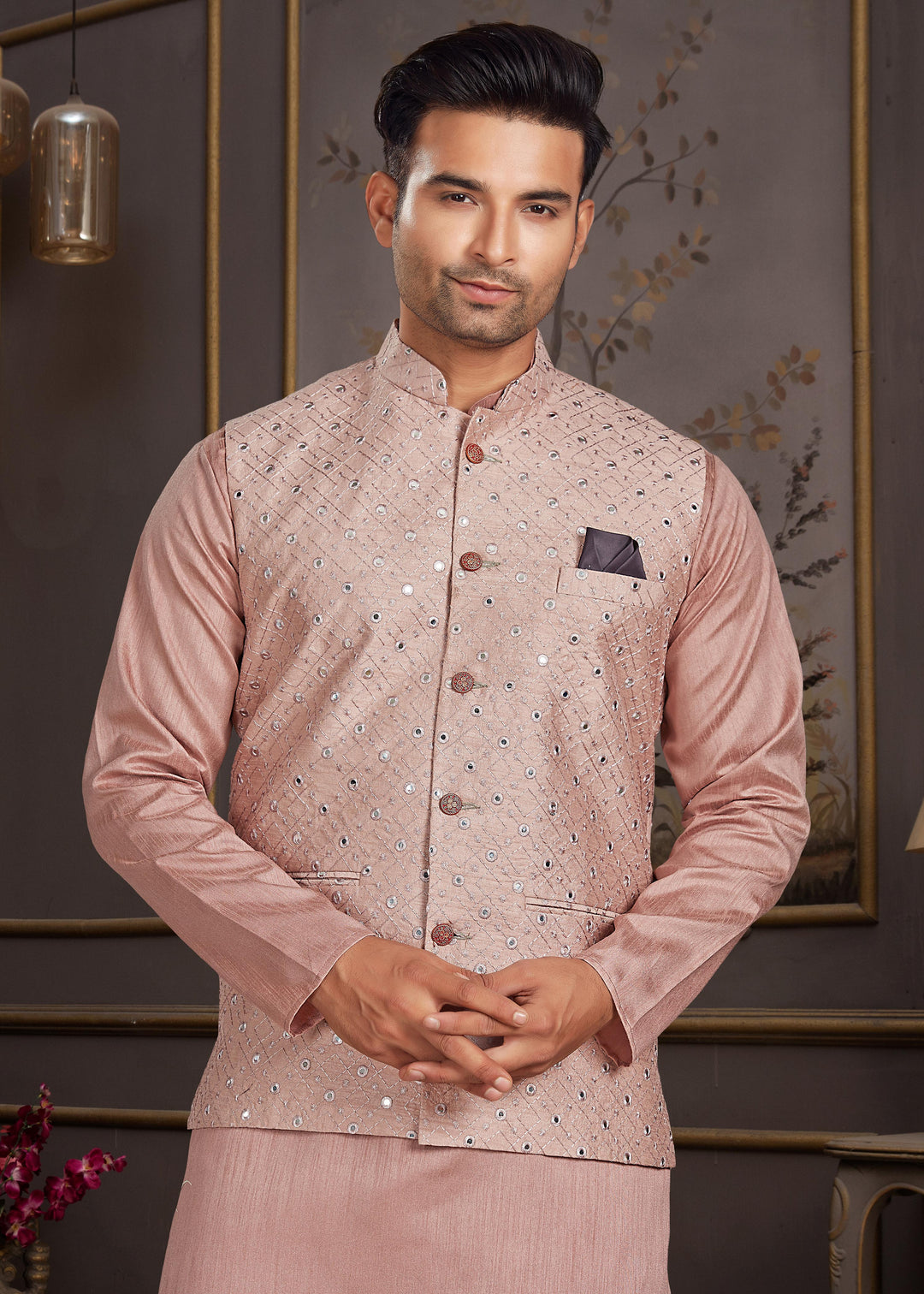 Malai Silk Kurta with Estela Silk Jacket | Thread & Mirror Embroidery Work