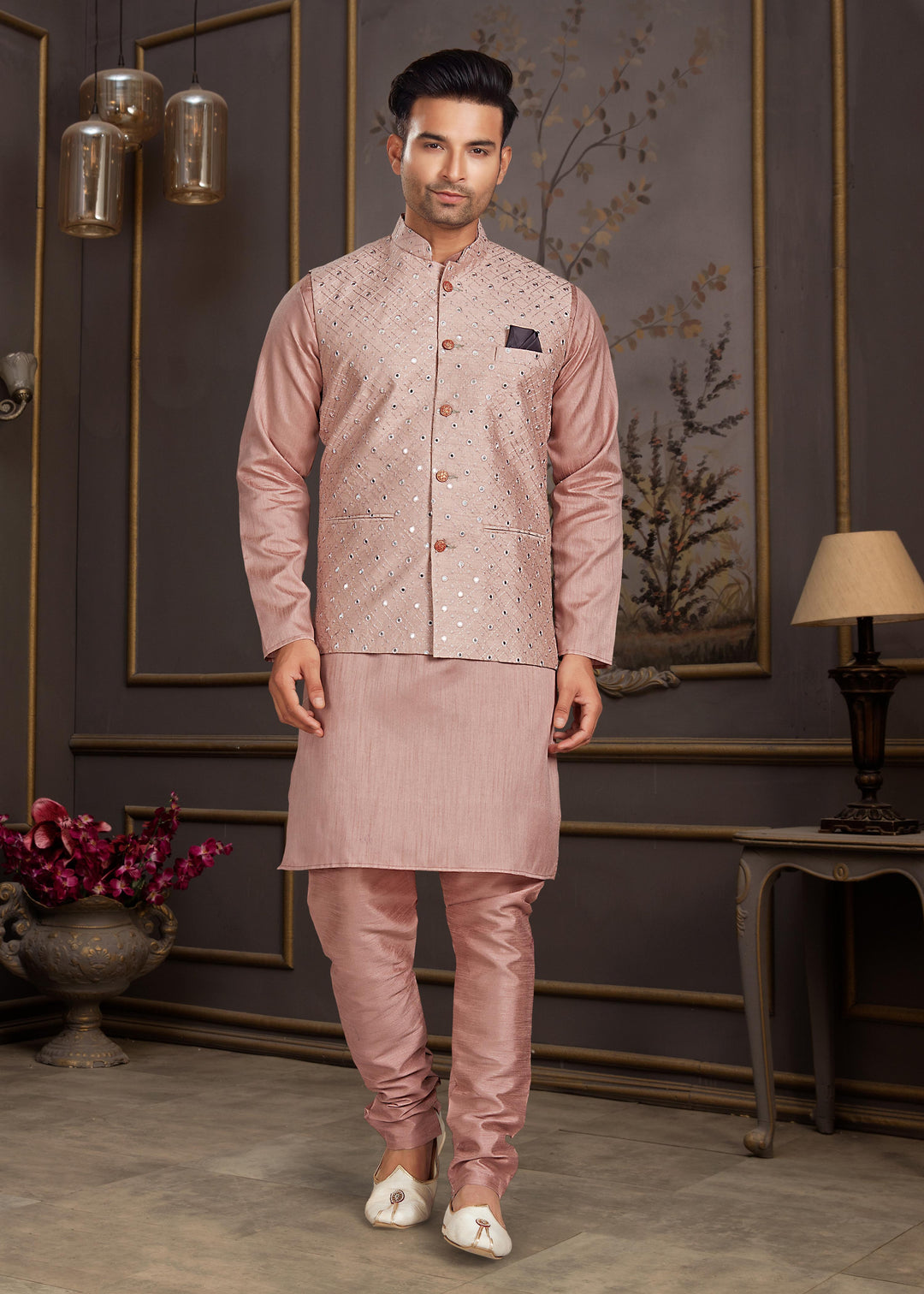 Malai Silk Kurta with Estela Silk Jacket | Thread & Mirror Embroidery Work