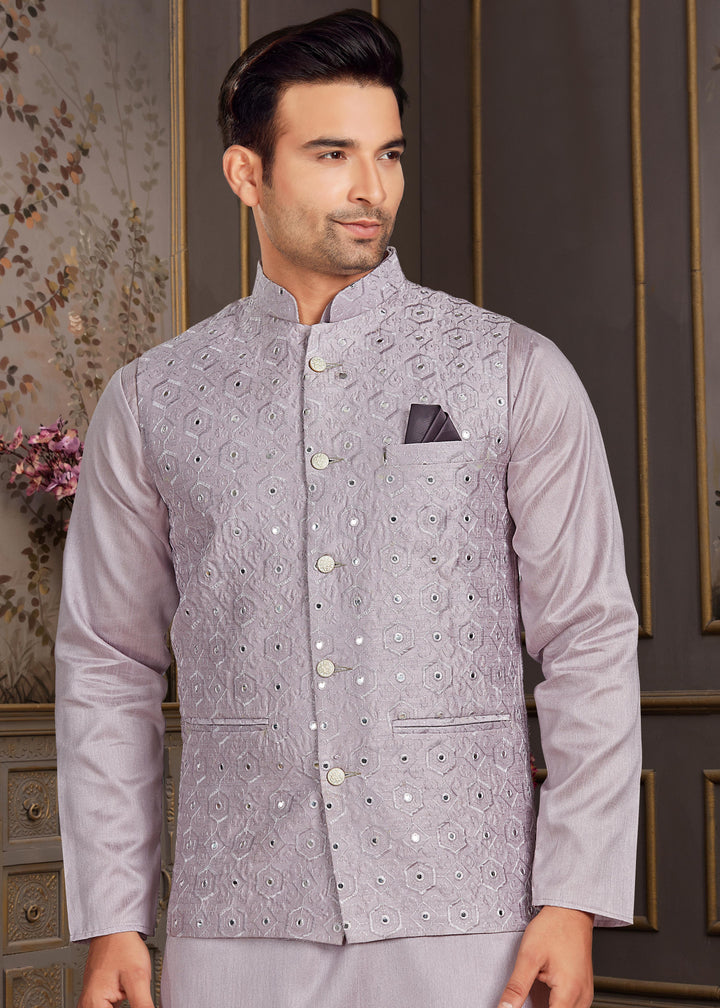 Malai Silk Kurta with Estela Silk Jacket | Thread & Mirror Embroidery Work