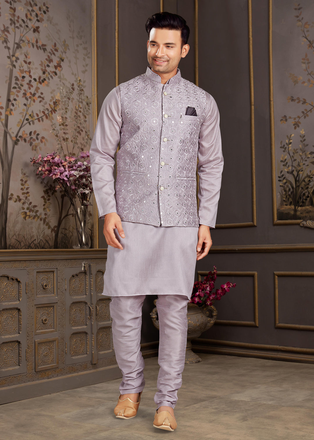 Malai Silk Kurta with Estela Silk Jacket | Thread & Mirror Embroidery Work